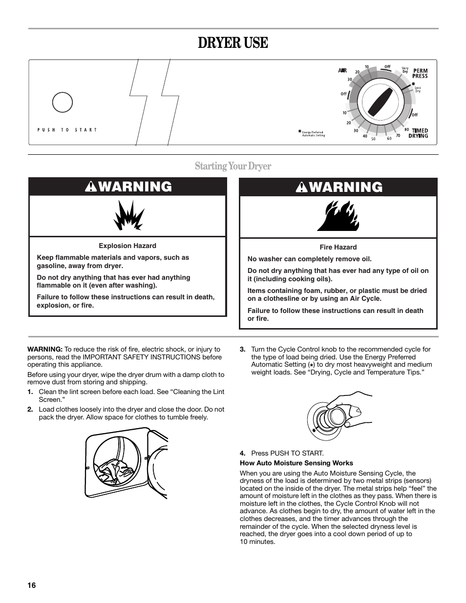 Dryer use, Starting your dryer, Warning | Whirlpool LER3622PQ User Manual | Page 16 / 24