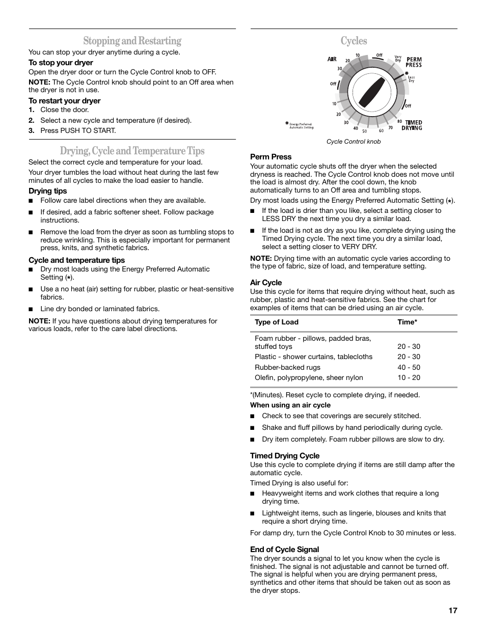 Stopping and restarting, Drying, cycle and temperature tips, Cycles | Whirlpool LER3622PQ User Manual | Page 17 / 24