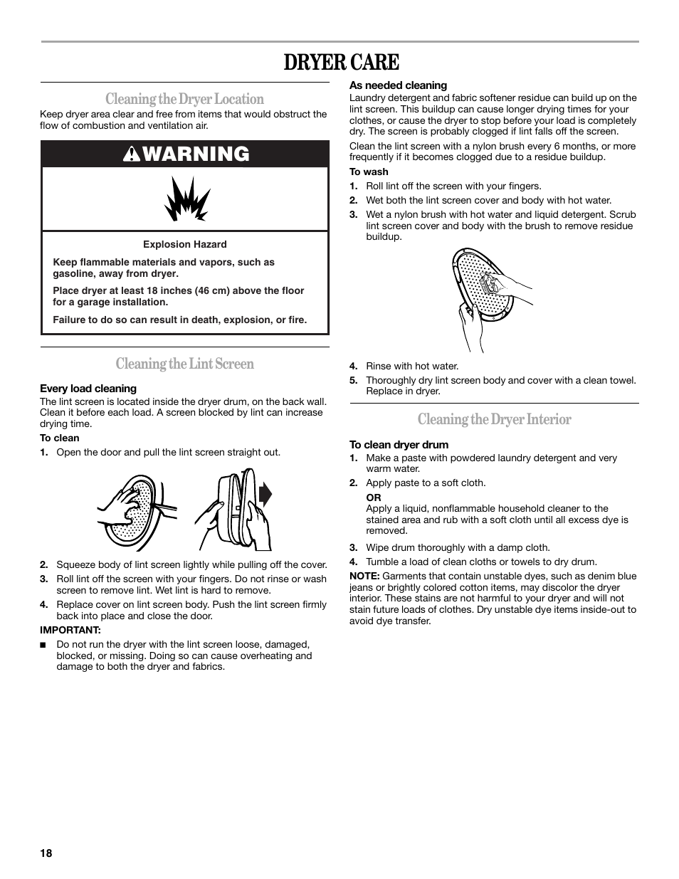 Dryer care, Cleaning the dryer location, Cleaning the lint screen | Cleaning the dryer interior, Warning | Whirlpool LER3622PQ User Manual | Page 18 / 24