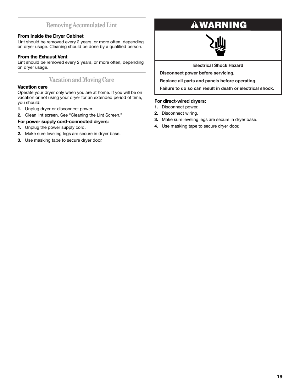 Removing accumulated lint, Vacation and moving care, Warning | Whirlpool LER3622PQ User Manual | Page 19 / 24