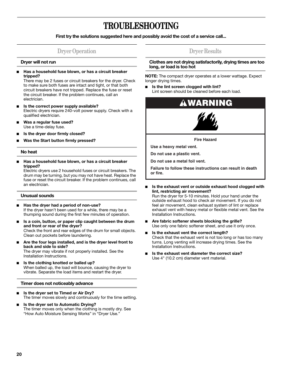 Troubleshooting, Warning, Dryer operation | Dryer results | Whirlpool LER3622PQ User Manual | Page 20 / 24