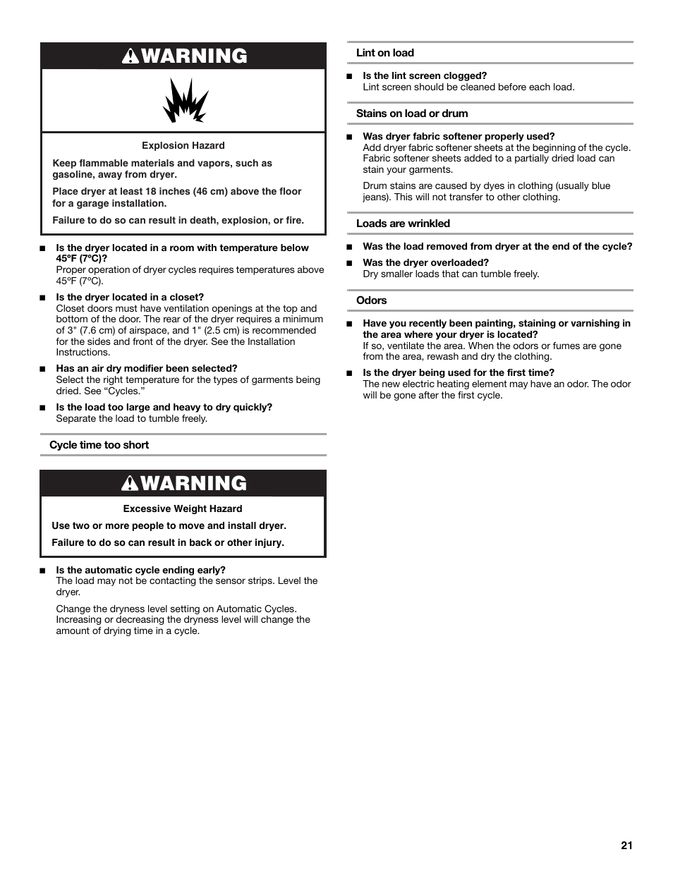 Warning | Whirlpool LER3622PQ User Manual | Page 21 / 24