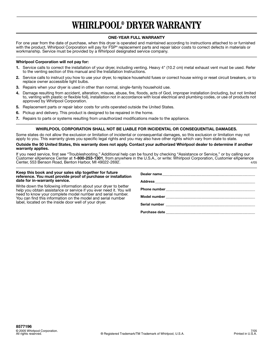 Warranty, Whirlpool, Dryer warranty | Whirlpool LER3622PQ User Manual | Page 24 / 24