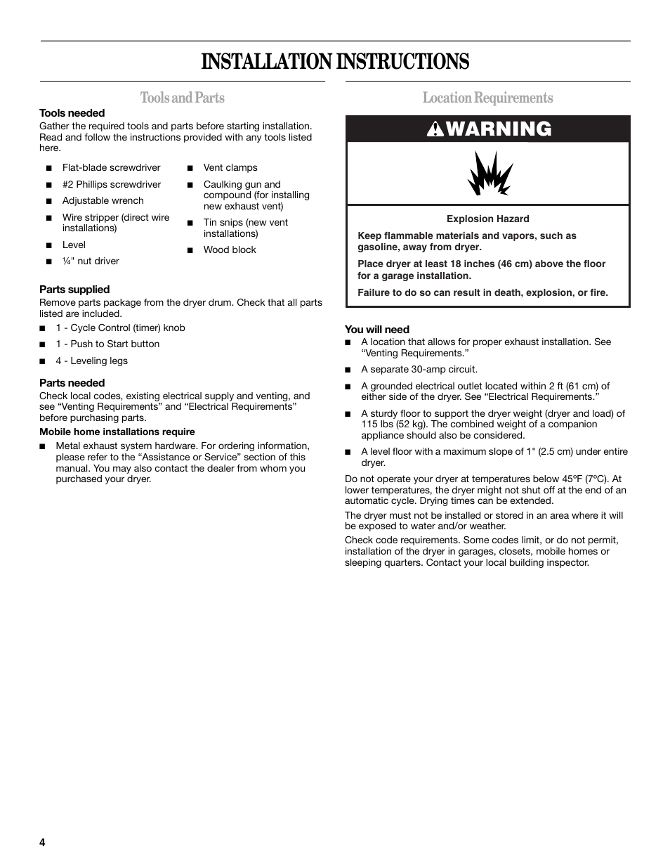 Installation instructions, Tools and parts, Location requirements | Warning | Whirlpool LER3622PQ User Manual | Page 4 / 24