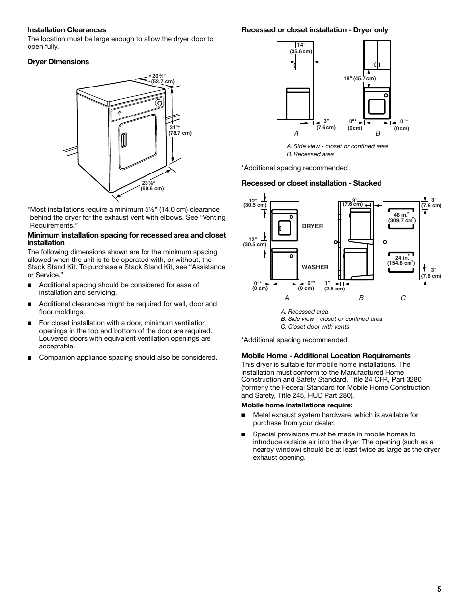 5installation clearances, Dryer dimensions, Recessed or closet installation - dryer only | Recessed or closet installation - stacked, Mobile home - additional location requirements | Whirlpool LER3622PQ User Manual | Page 5 / 24