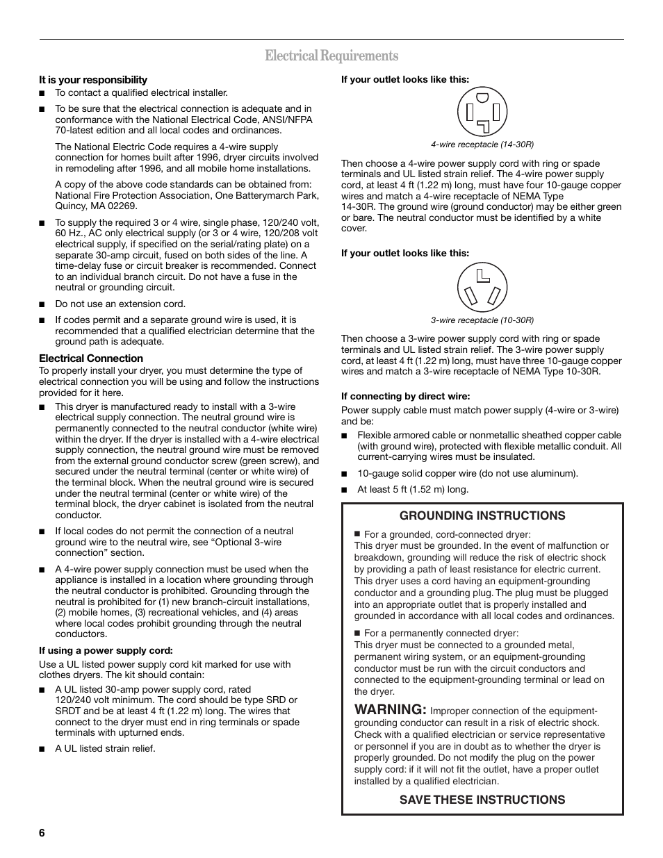 Electrical requirements, Warning, Grounding instructions save these instructions | Whirlpool LER3622PQ User Manual | Page 6 / 24