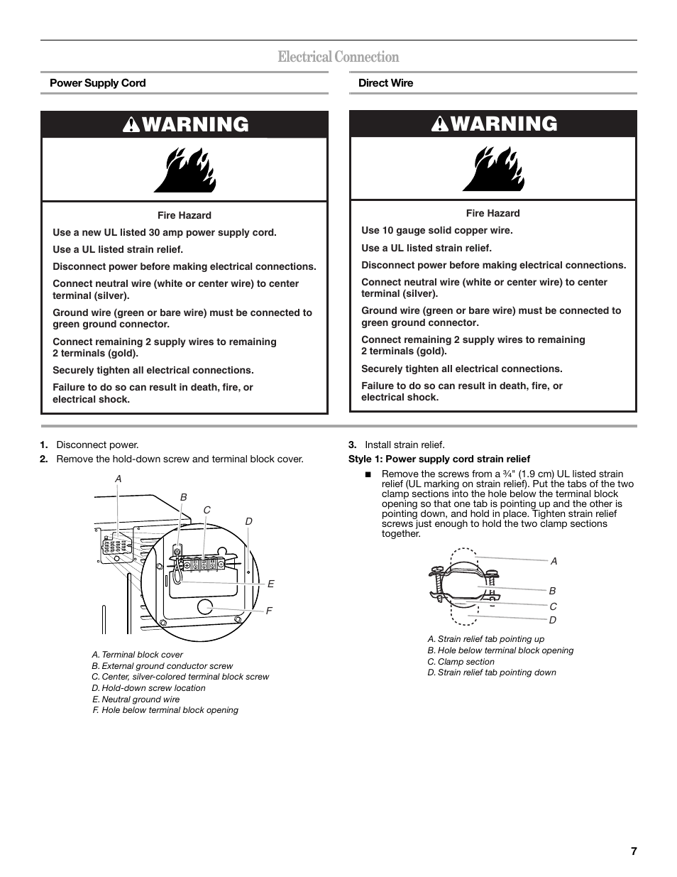 Electrical connection, Warning | Whirlpool LER3622PQ User Manual | Page 7 / 24