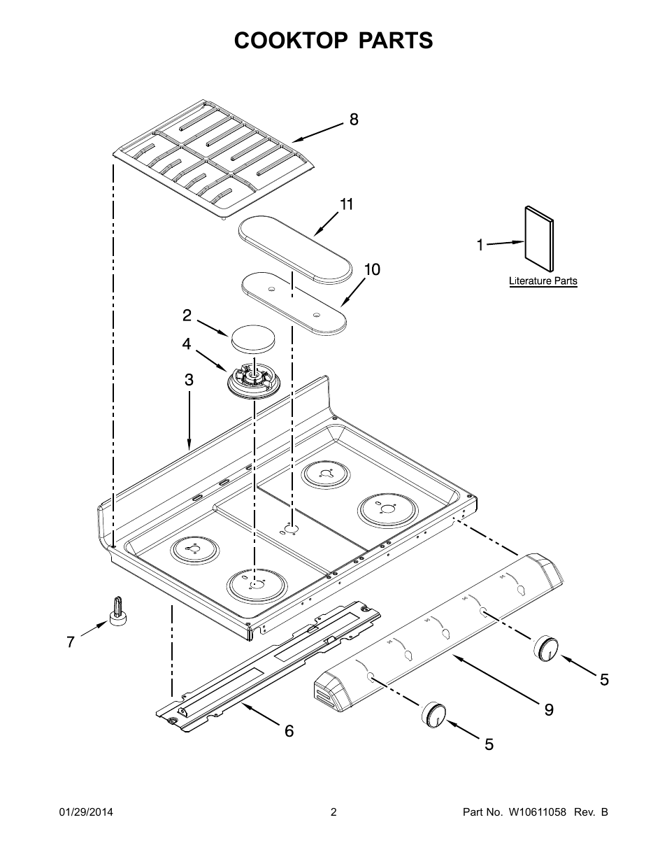 Cooktop, Cooktop parts | Whirlpool WGG755S0BE00 User Manual | Page 2 / 16