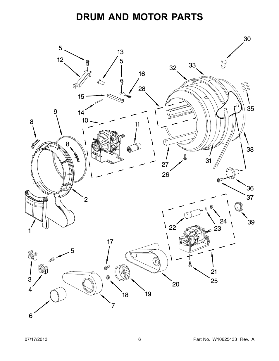 Drum and motor, Drum and motor parts | Whirlpool WED7500VW User Manual | Page 6 / 8