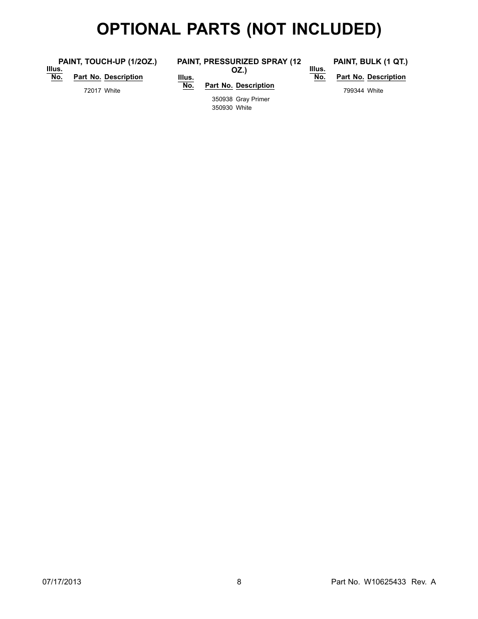 Optional, Optional parts (not included) | Whirlpool WED7500VW User Manual | Page 8 / 8