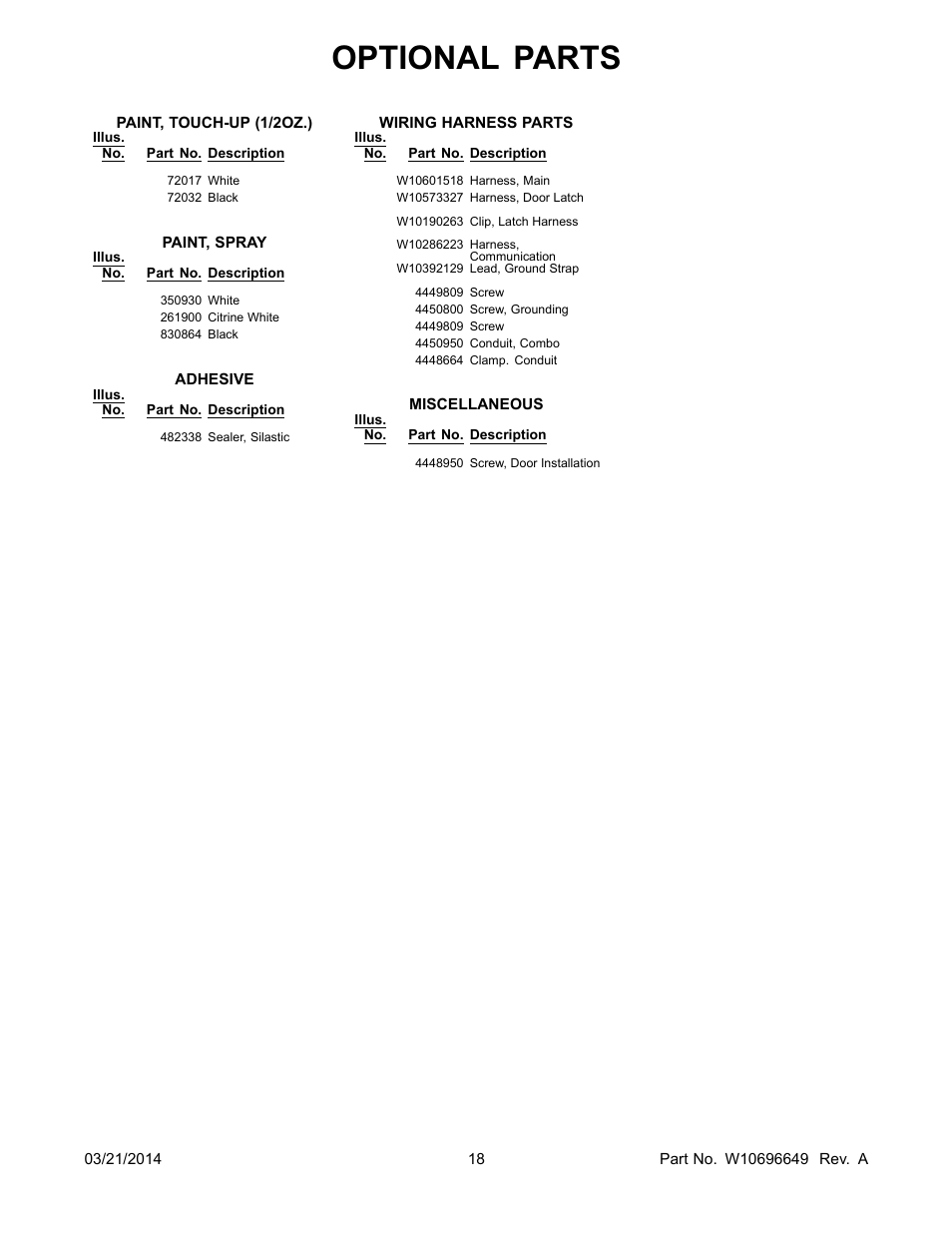 Optional parts | Whirlpool WOC54EC0AS User Manual | Page 18 / 18