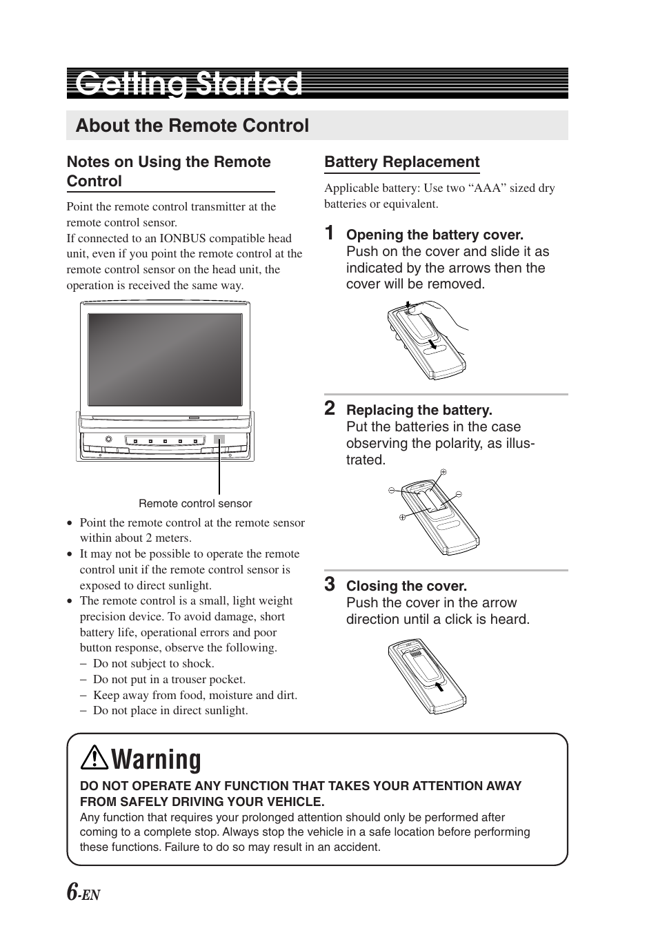 Getting started, Warning, About the remote control | Alpine TMI-M990 User Manual | Page 10 / 68