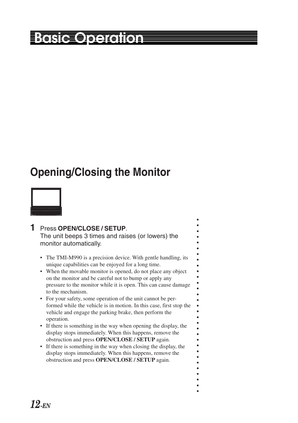 Basic operation, Opening/closing, The monitor | Alpine TMI-M990 User Manual | Page 16 / 68