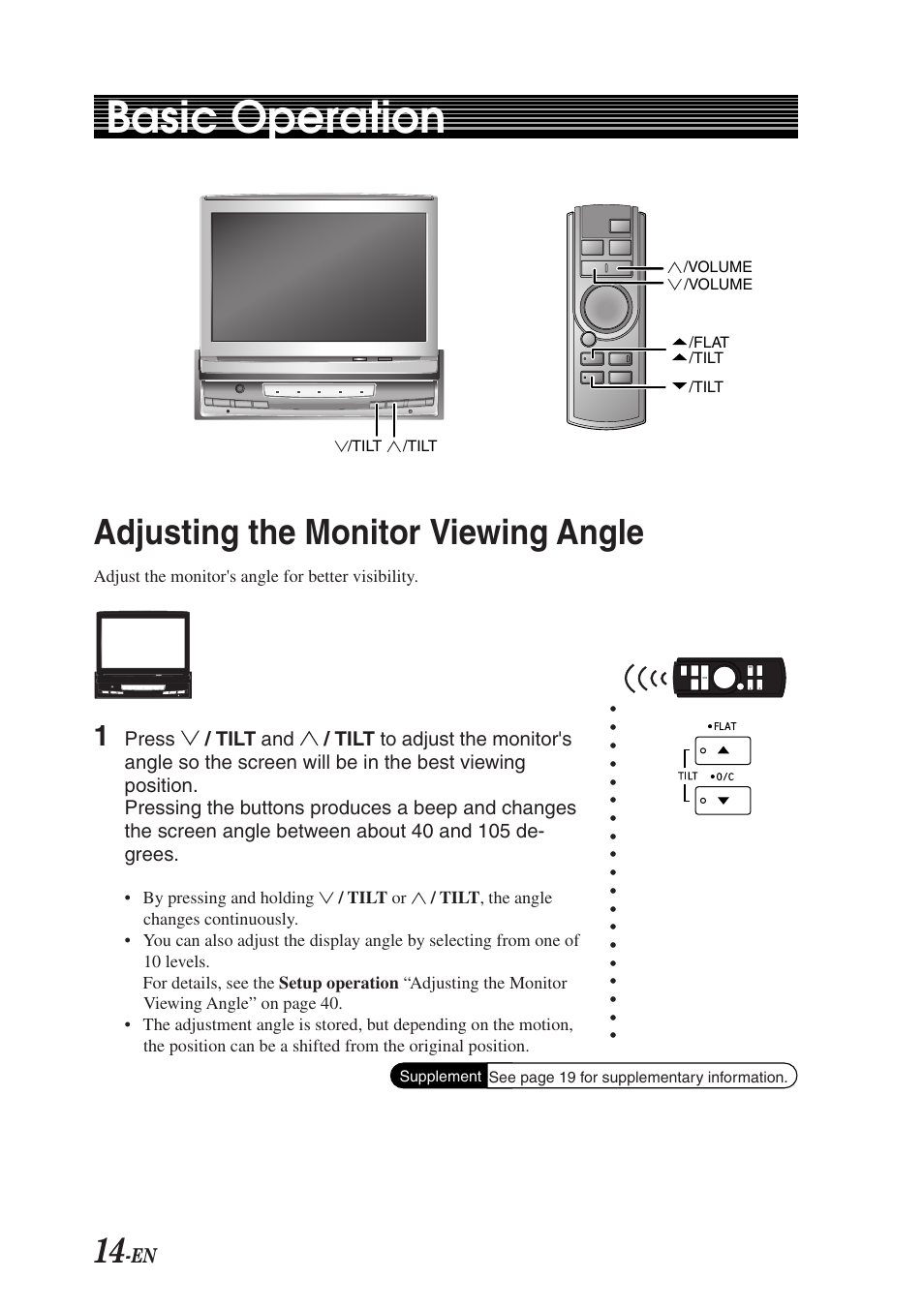 Basic operation, Adjusting the monitor viewing angle | Alpine TMI-M990 User Manual | Page 18 / 68