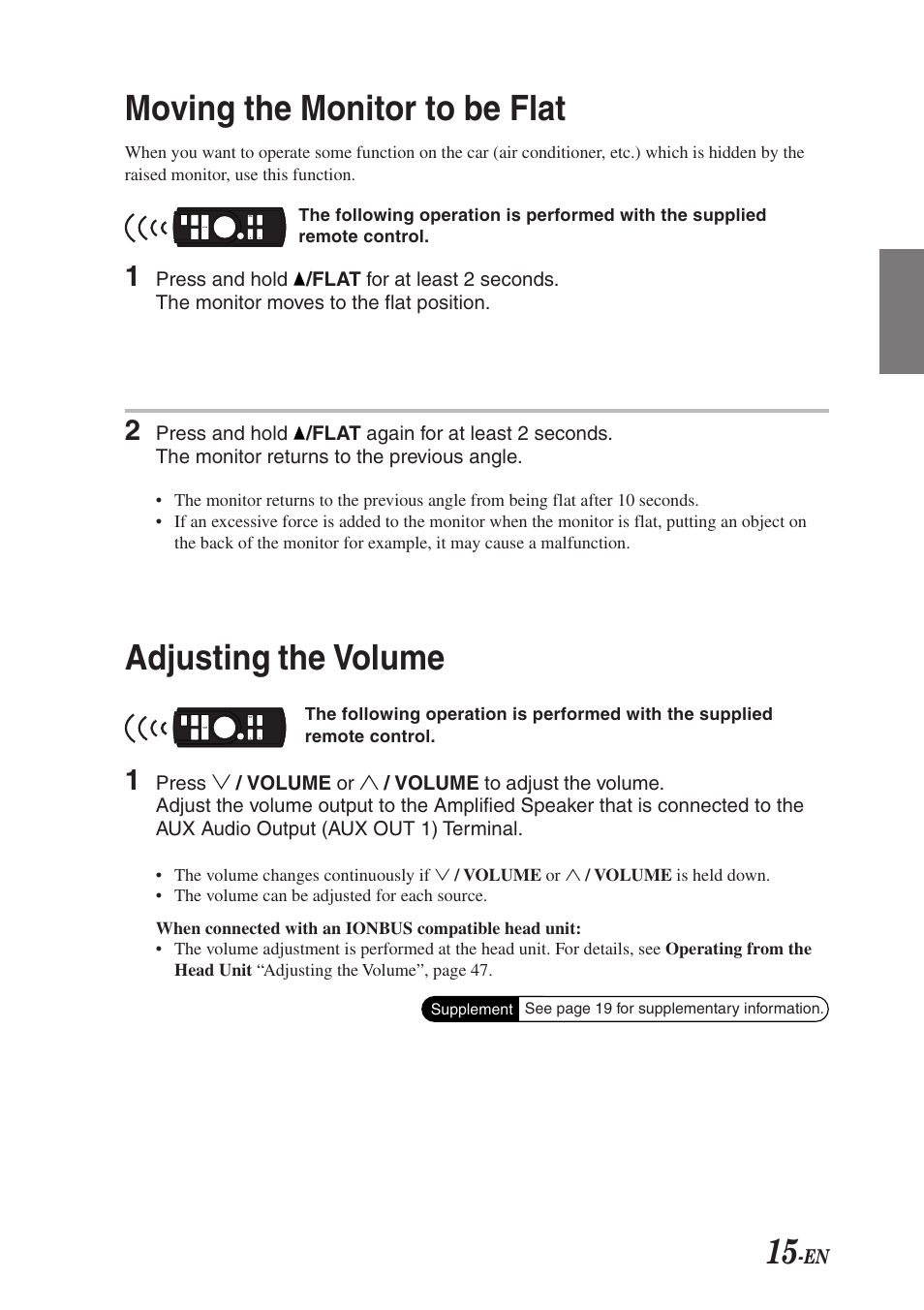 Moving the monitor to be flat, Adjusting the volume | Alpine TMI-M990 User Manual | Page 19 / 68