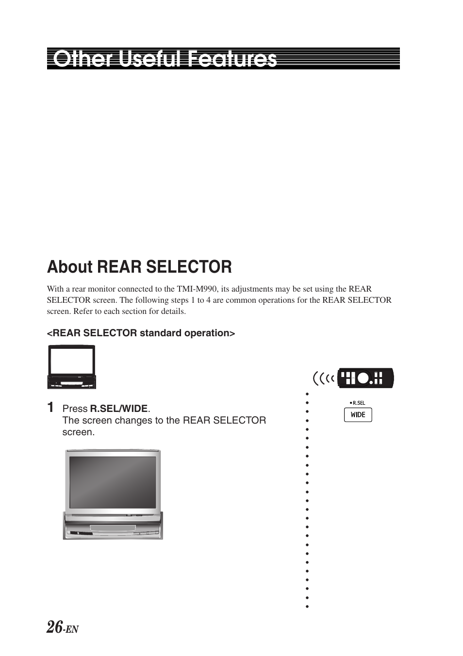 Other useful features, About rear selector | Alpine TMI-M990 User Manual | Page 30 / 68