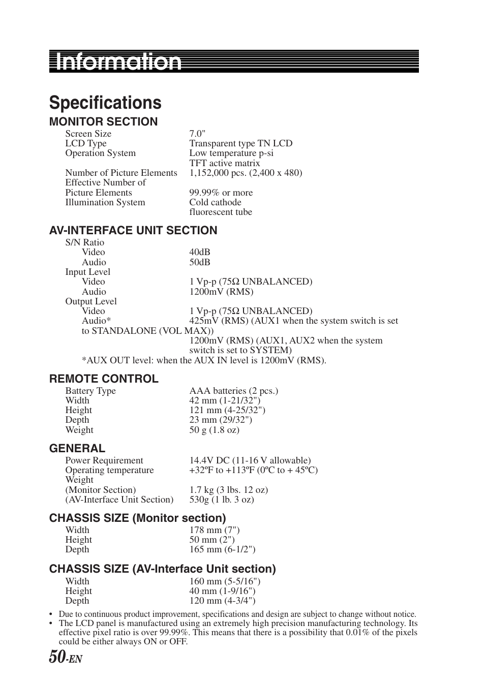 Information, Specifications | Alpine TMI-M990 User Manual | Page 54 / 68