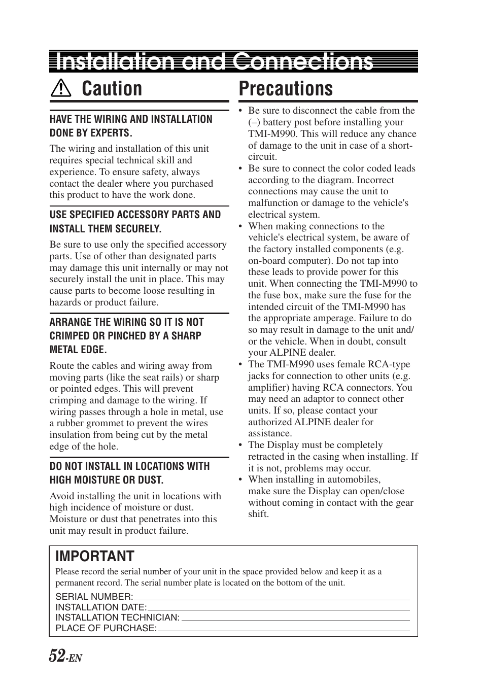 Installation and connections, Caution, Precautions | Important | Alpine TMI-M990 User Manual | Page 56 / 68