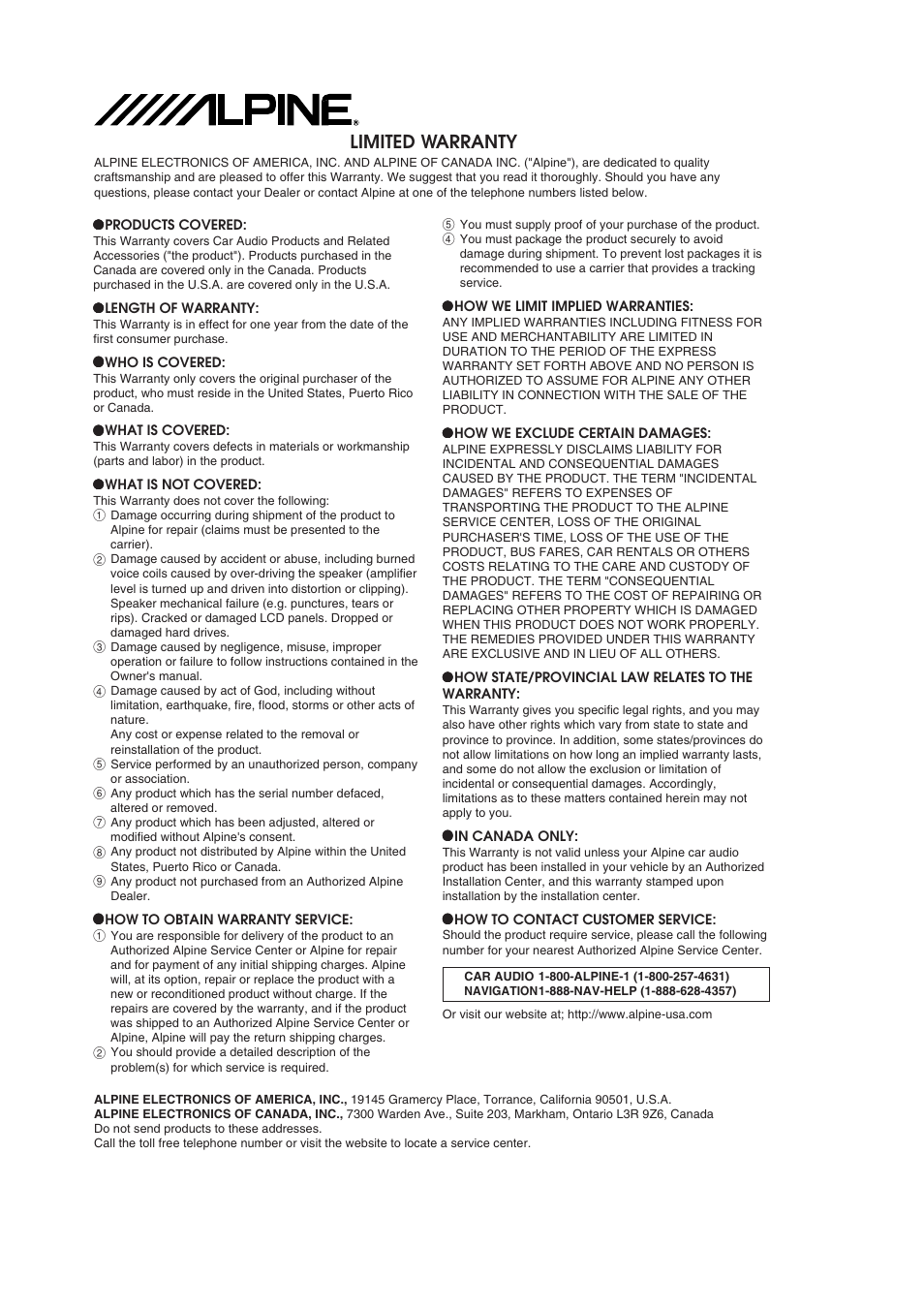 Limited warranty | Alpine TMI-M990 User Manual | Page 68 / 68