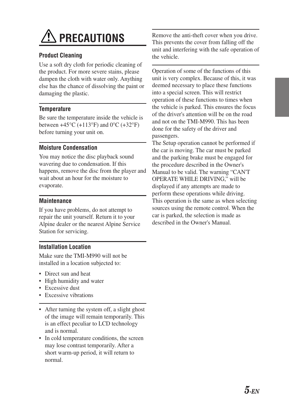 Precautions | Alpine TMI-M990 User Manual | Page 9 / 68