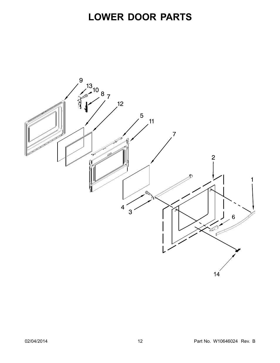 Lower door, Lower door parts | Whirlpool WGG755S0BE01 User Manual | Page 12 / 16
