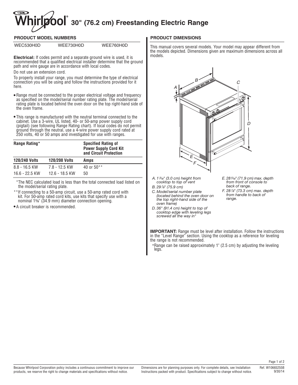 Whirlpool WEC530H0DS User Manual | 2 pages