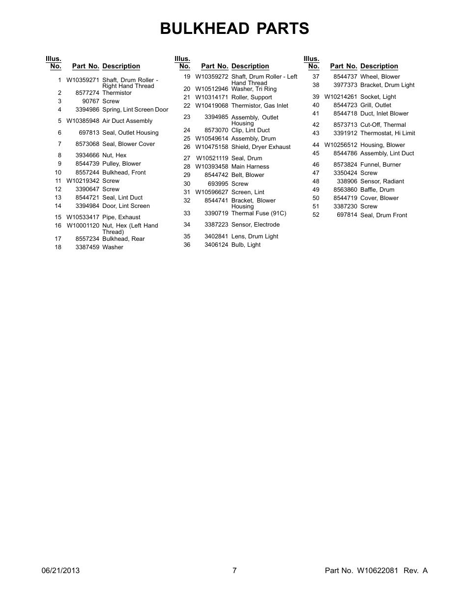 Bulkhead parts | Whirlpool WGD8100BW User Manual | Page 7 / 10