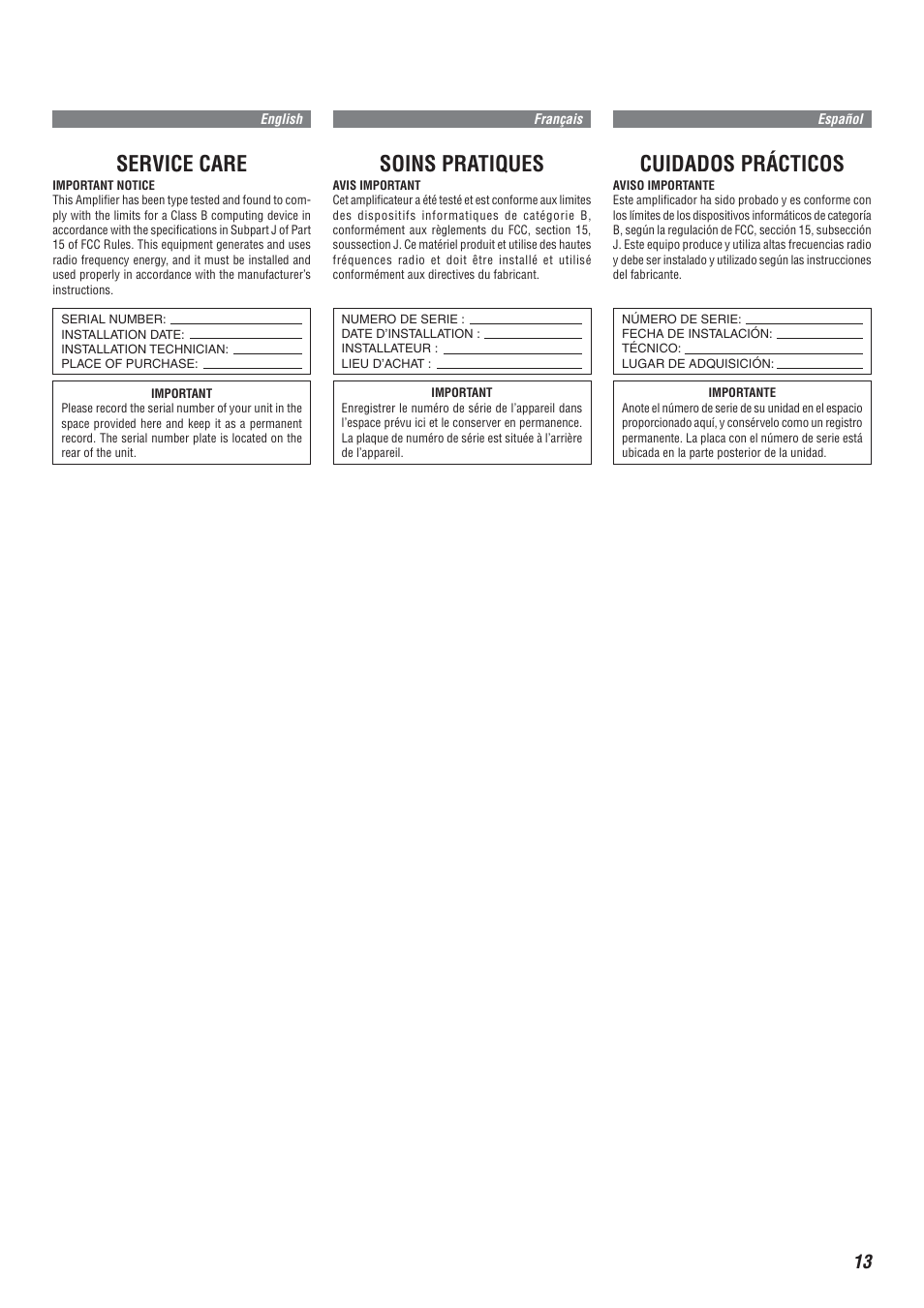 Service care, Soins pratiques, Cuidados prácticos | Alpine MRA-F355 User Manual | Page 13 / 16