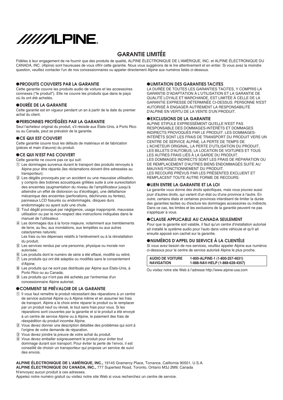 Garantie limitée | Alpine MRA-F355 User Manual | Page 15 / 16