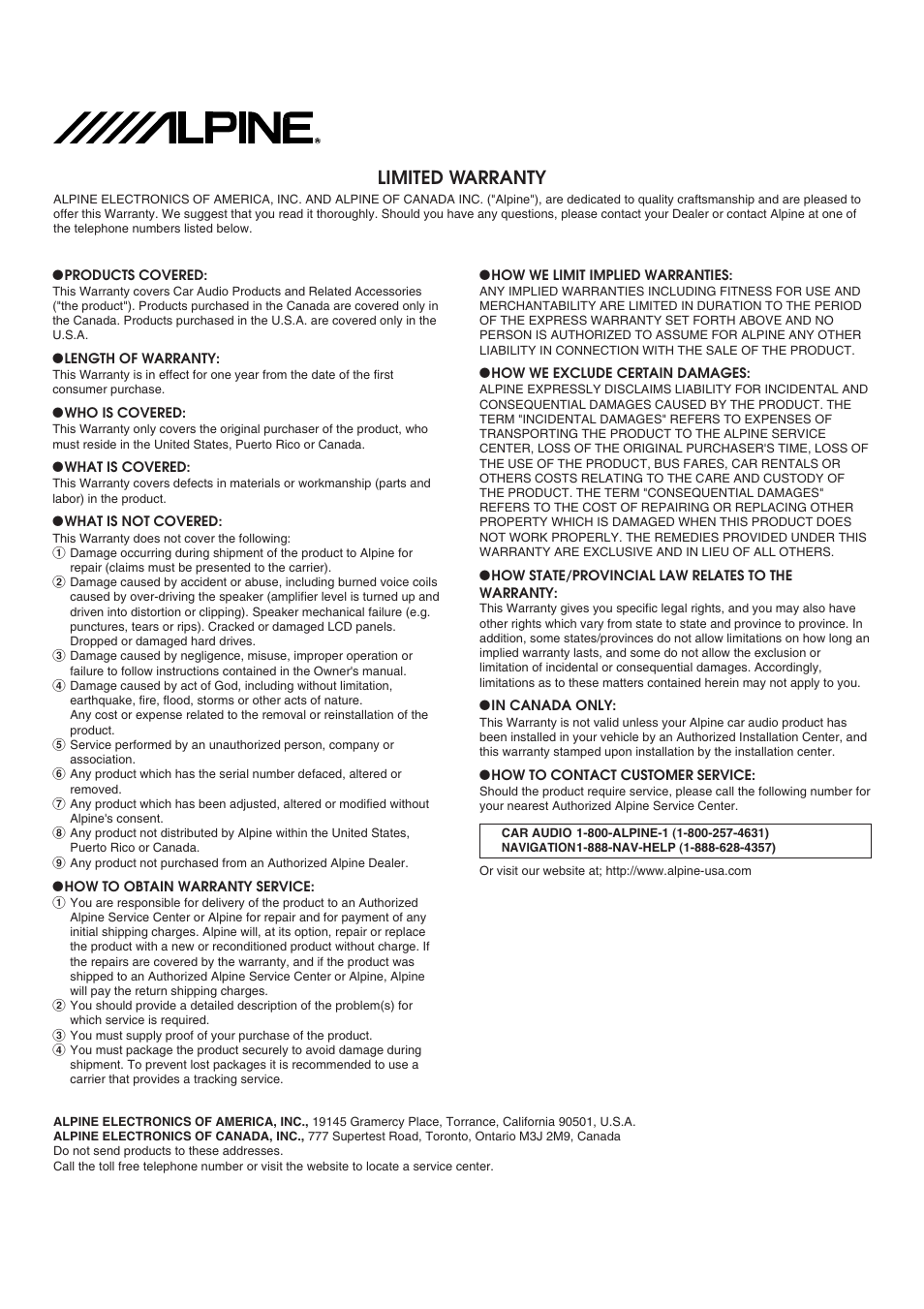 Limited warranty | Alpine MRA-F355 User Manual | Page 16 / 16