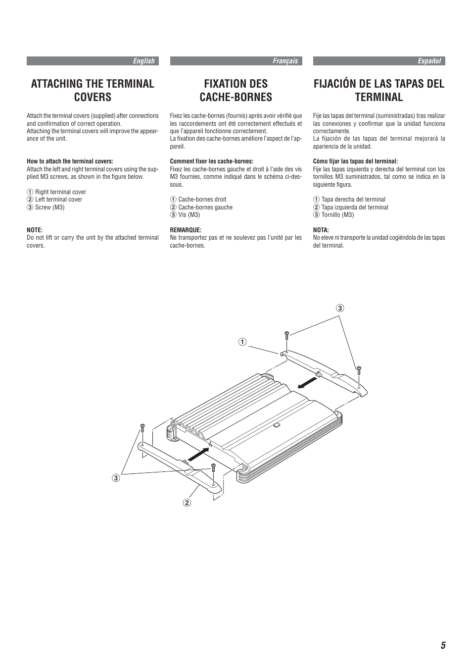 Fixation des cache-bornes, Attaching the terminal covers, Fijación de las tapas del terminal | Alpine MRA-F355 User Manual | Page 5 / 16