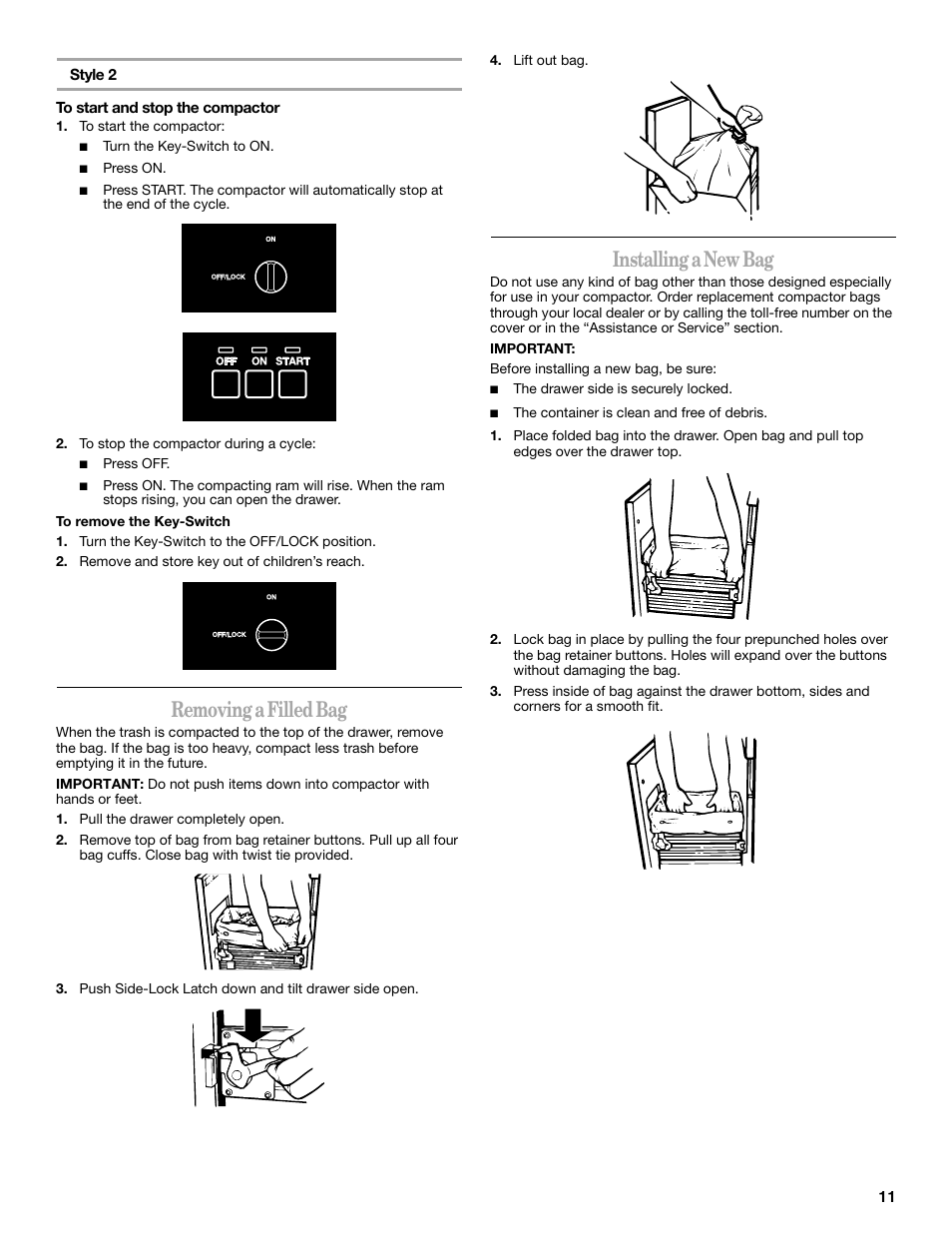 Removing a filled bag, Installing a new bag | Whirlpool GC900QPPB User Manual | Page 11 / 16