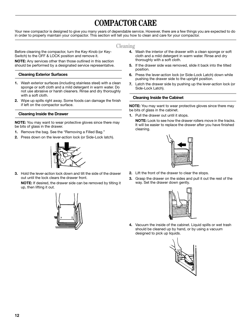 Compactor care, Cleaning | Whirlpool GC900QPPB User Manual | Page 12 / 16