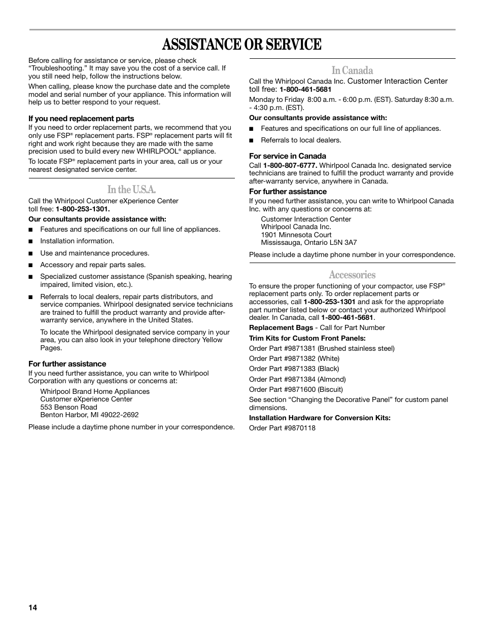 Assistance or service, Accessories | Whirlpool GC900QPPB User Manual | Page 14 / 16