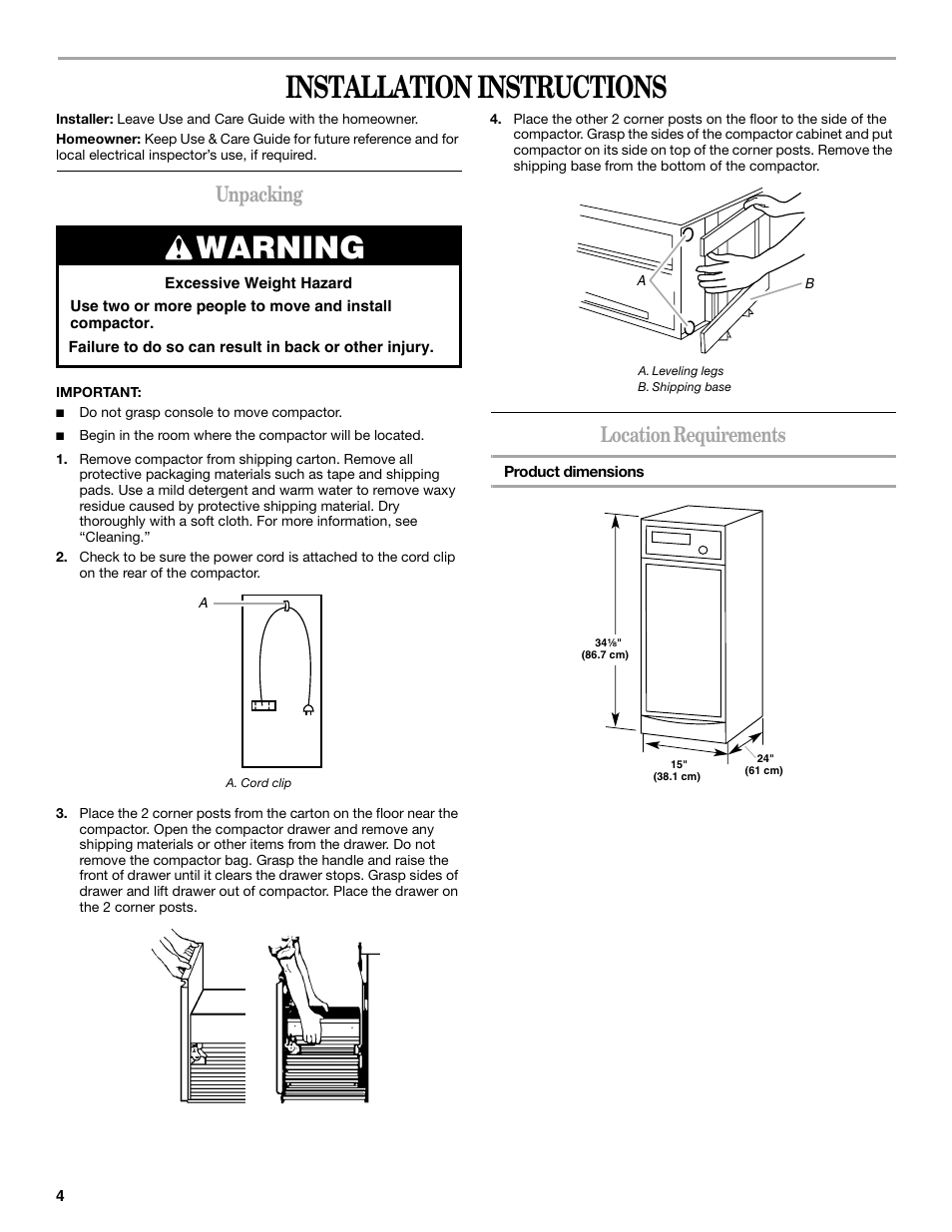 Installation instructions, Warning, Unpacking | Location requirements | Whirlpool GC900QPPB User Manual | Page 4 / 16