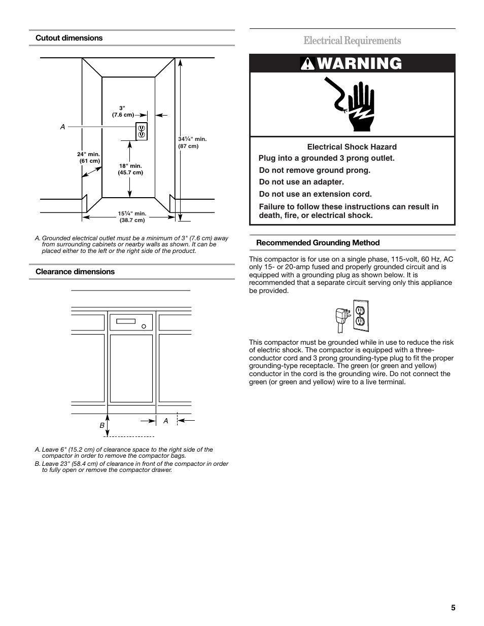 Warning, Electrical requirements | Whirlpool GC900QPPB User Manual | Page 5 / 16
