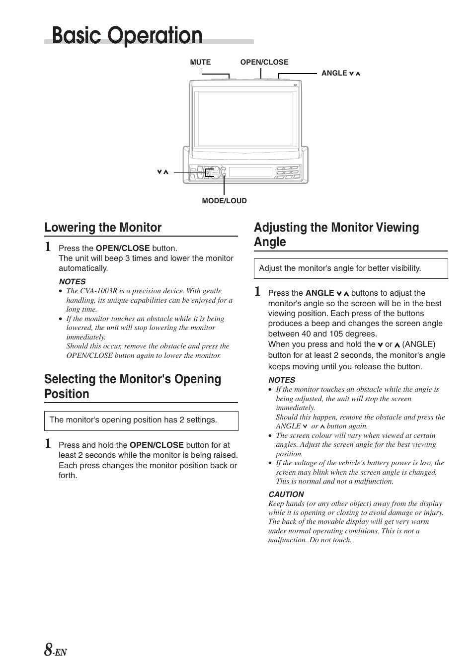 Basic operation, Lowering the monitor, Selecting the monitor's opening position | Adjusting the monitor viewing angle | Alpine CVA-1003R User Manual | Page 10 / 58