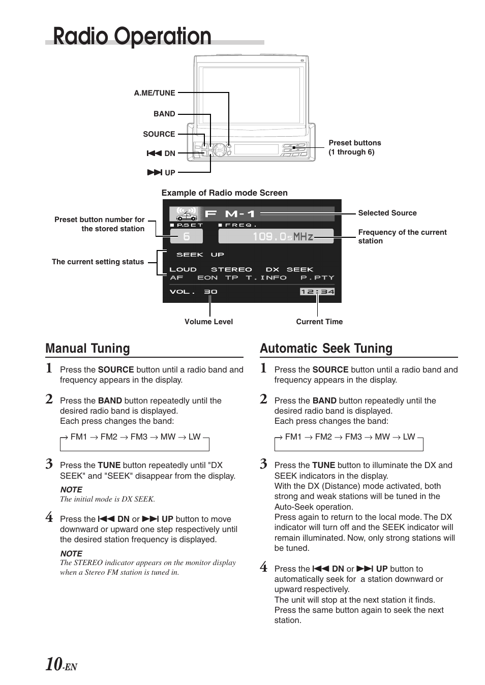 Radio operation, Manual tuning, Automatic seek tuning | Alpine CVA-1003R User Manual | Page 12 / 58