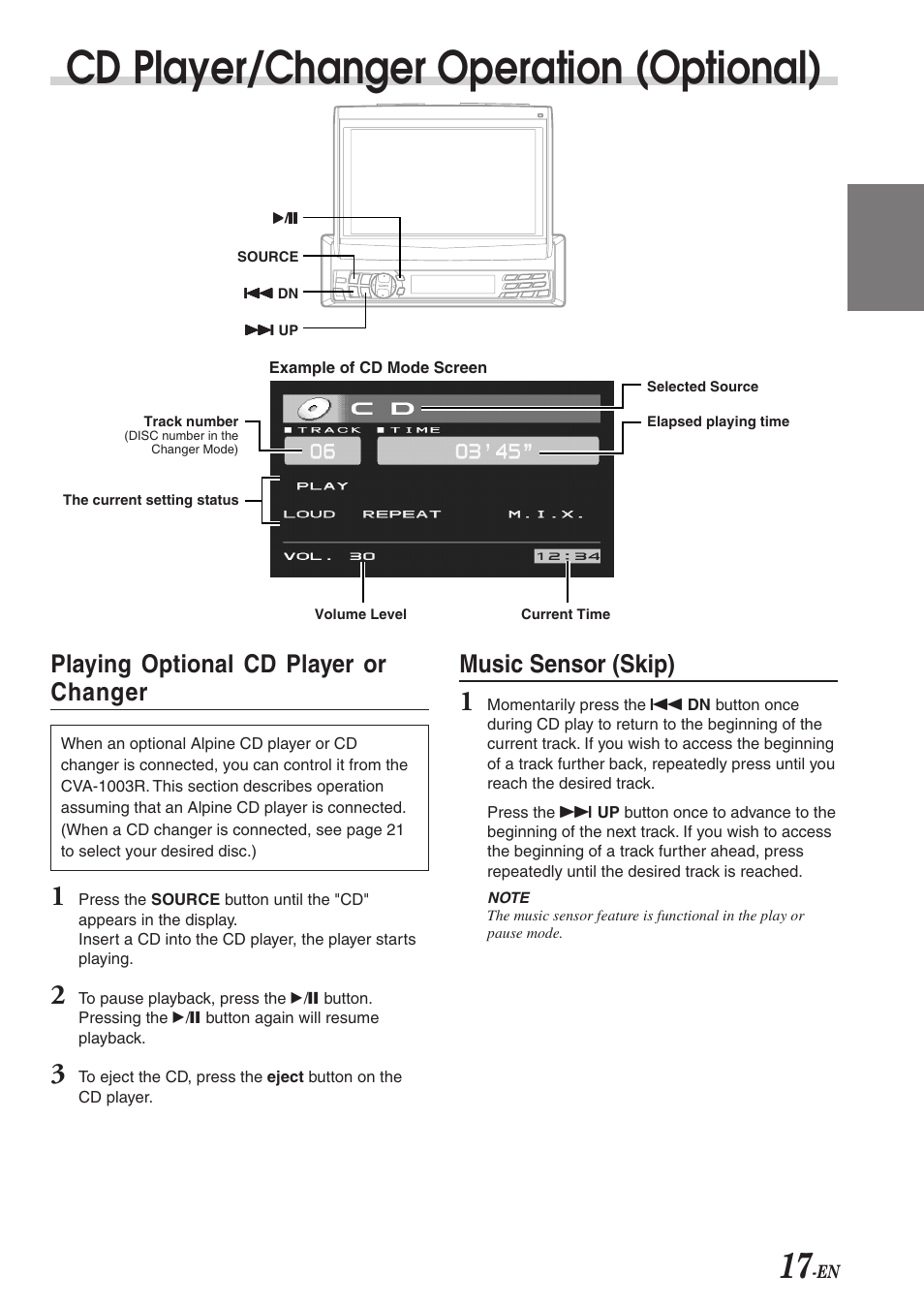 Cd player/changer operation (optional), Playing optional cd player or changer, Music sensor (skip) | Alpine CVA-1003R User Manual | Page 19 / 58