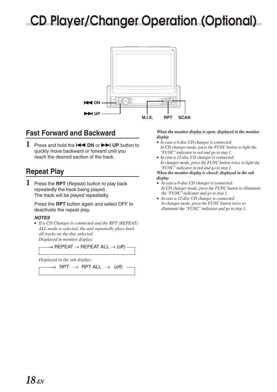 Cd player/changer operation (optional), Fast forward and backward, Repeat play | Alpine CVA-1003R User Manual | Page 20 / 58
