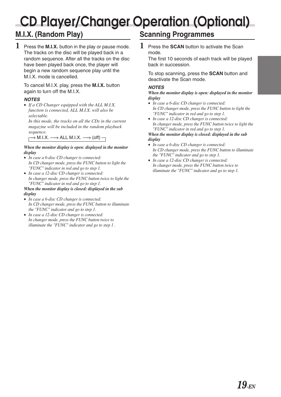 Cd player/changer operation (optional), M.i.x. (random play), Scanning programmes | Alpine CVA-1003R User Manual | Page 21 / 58