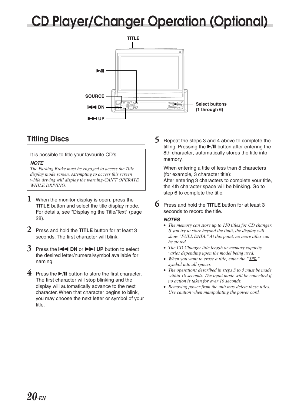 Cd player/changer operation (optional), Titling discs | Alpine CVA-1003R User Manual | Page 22 / 58