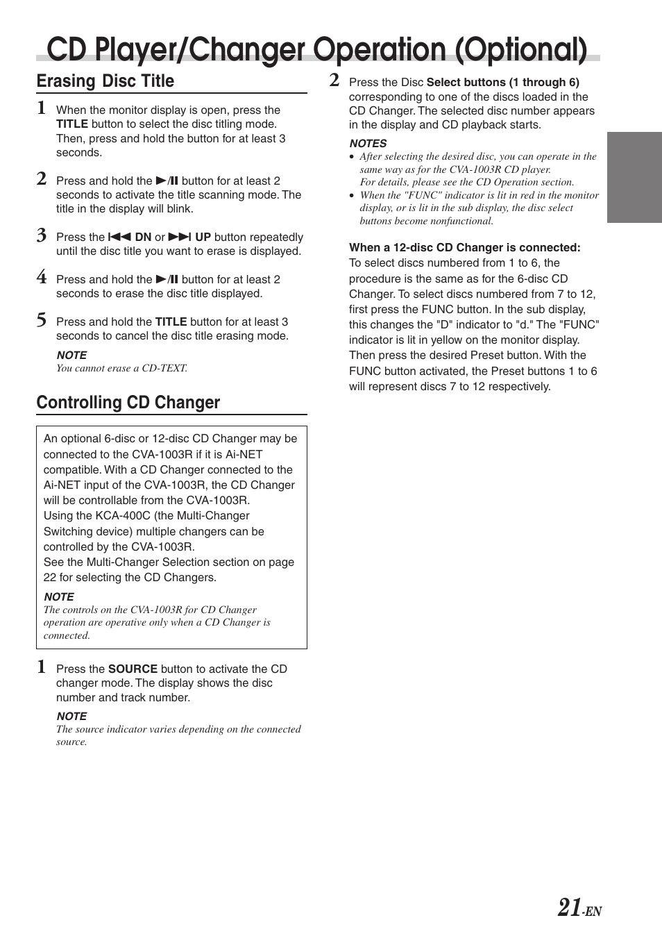 Cd player/changer operation (optional), Erasing disc title, Controlling cd changer | Alpine CVA-1003R User Manual | Page 23 / 58