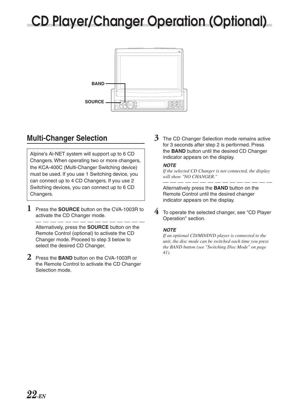 Cd player/changer operation (optional), Multi-changer selection | Alpine CVA-1003R User Manual | Page 24 / 58