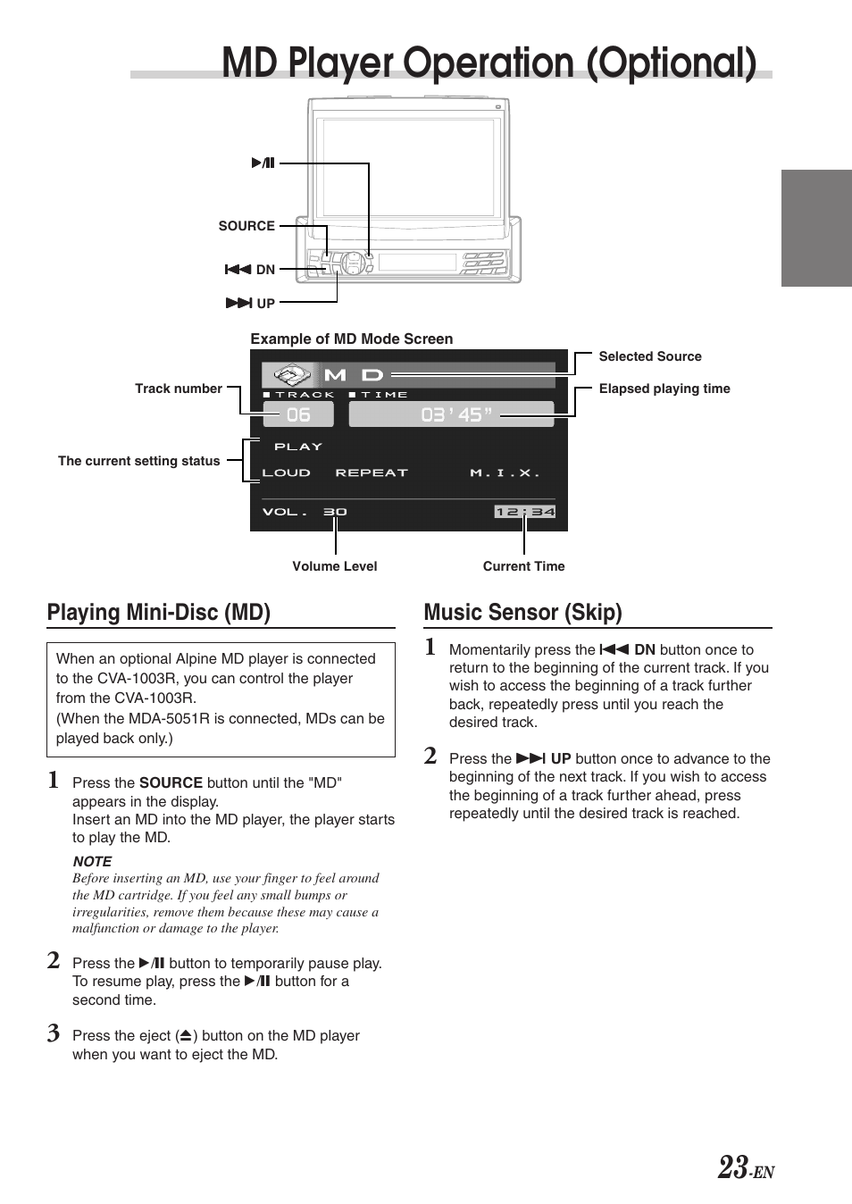 Md player operation (optional), Playing mini-disc (md), Music sensor (skip) | Alpine CVA-1003R User Manual | Page 25 / 58