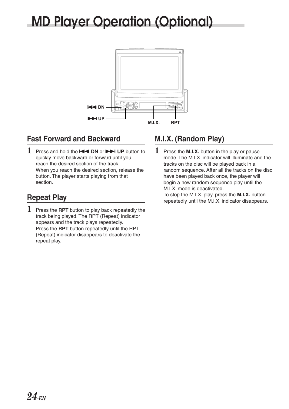 Md player operation (optional), Fast forward and backward, Repeat play | M.i.x. (random play) | Alpine CVA-1003R User Manual | Page 26 / 58