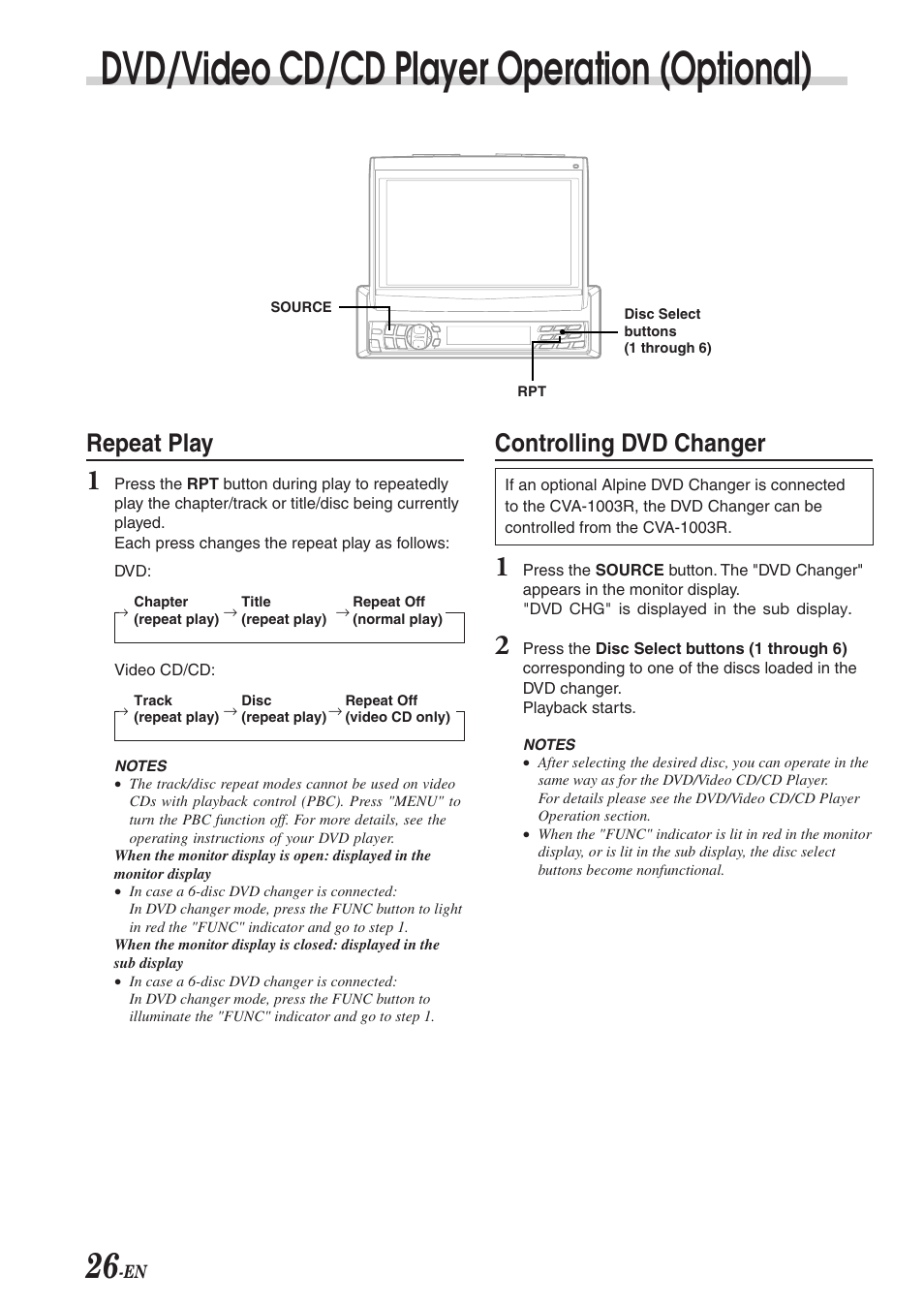 Dvd/video cd/cd player operation (optional), Repeat play, Controlling dvd changer | Alpine CVA-1003R User Manual | Page 28 / 58