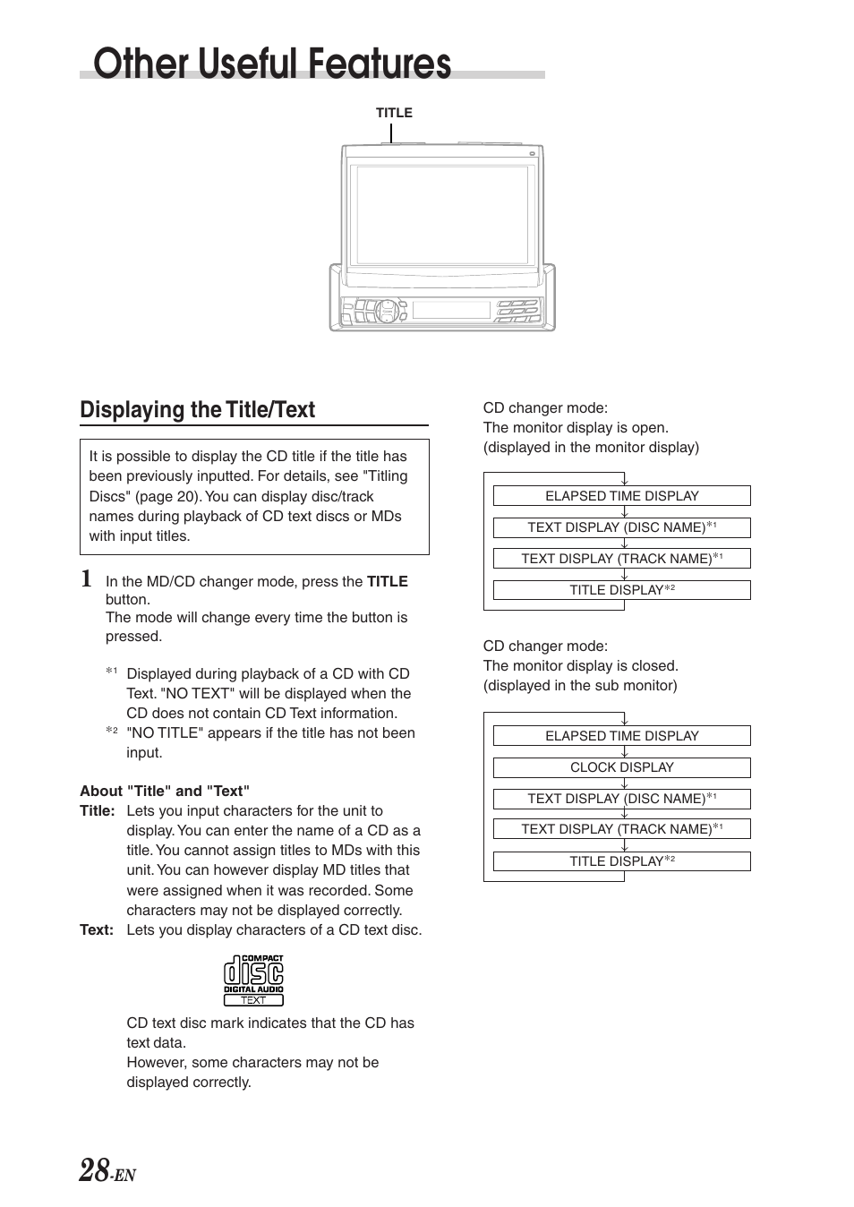 Other useful features, Displaying the title/text | Alpine CVA-1003R User Manual | Page 30 / 58