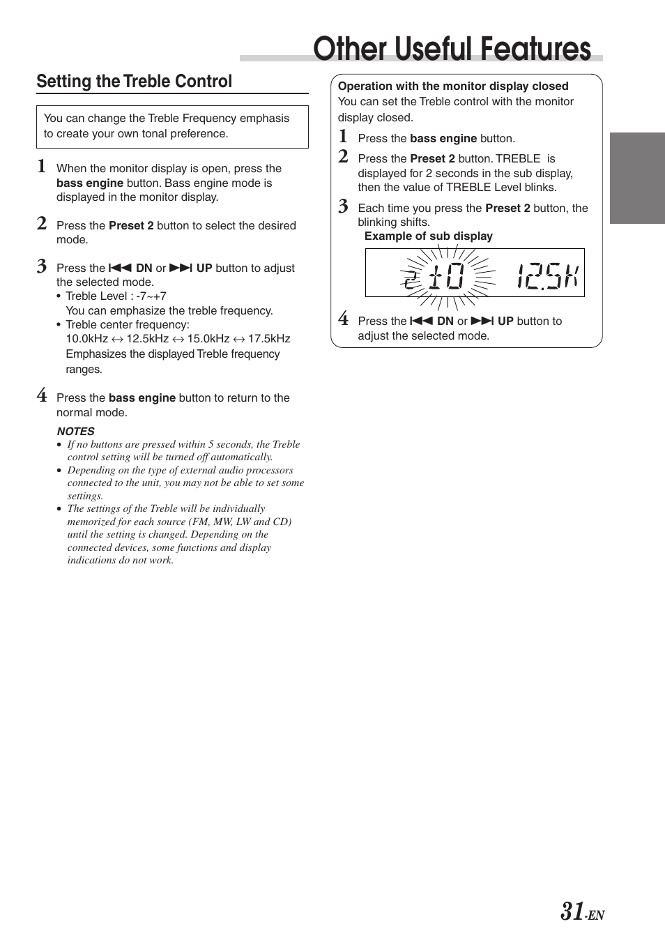Other useful features, Setting the treble control | Alpine CVA-1003R User Manual | Page 33 / 58