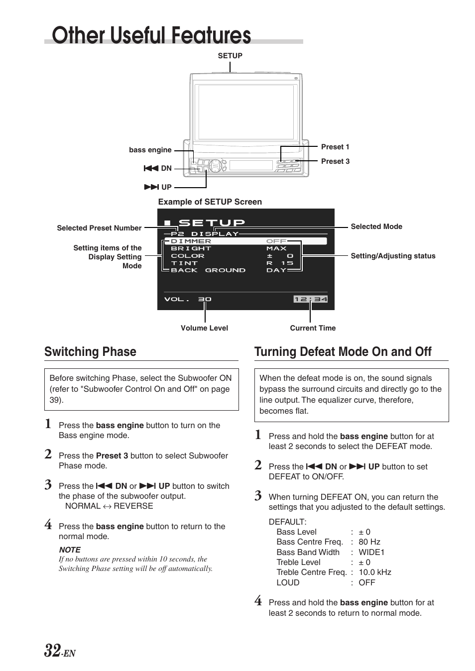 Other useful features, Switching phase, Turning defeat mode on and off | Alpine CVA-1003R User Manual | Page 34 / 58